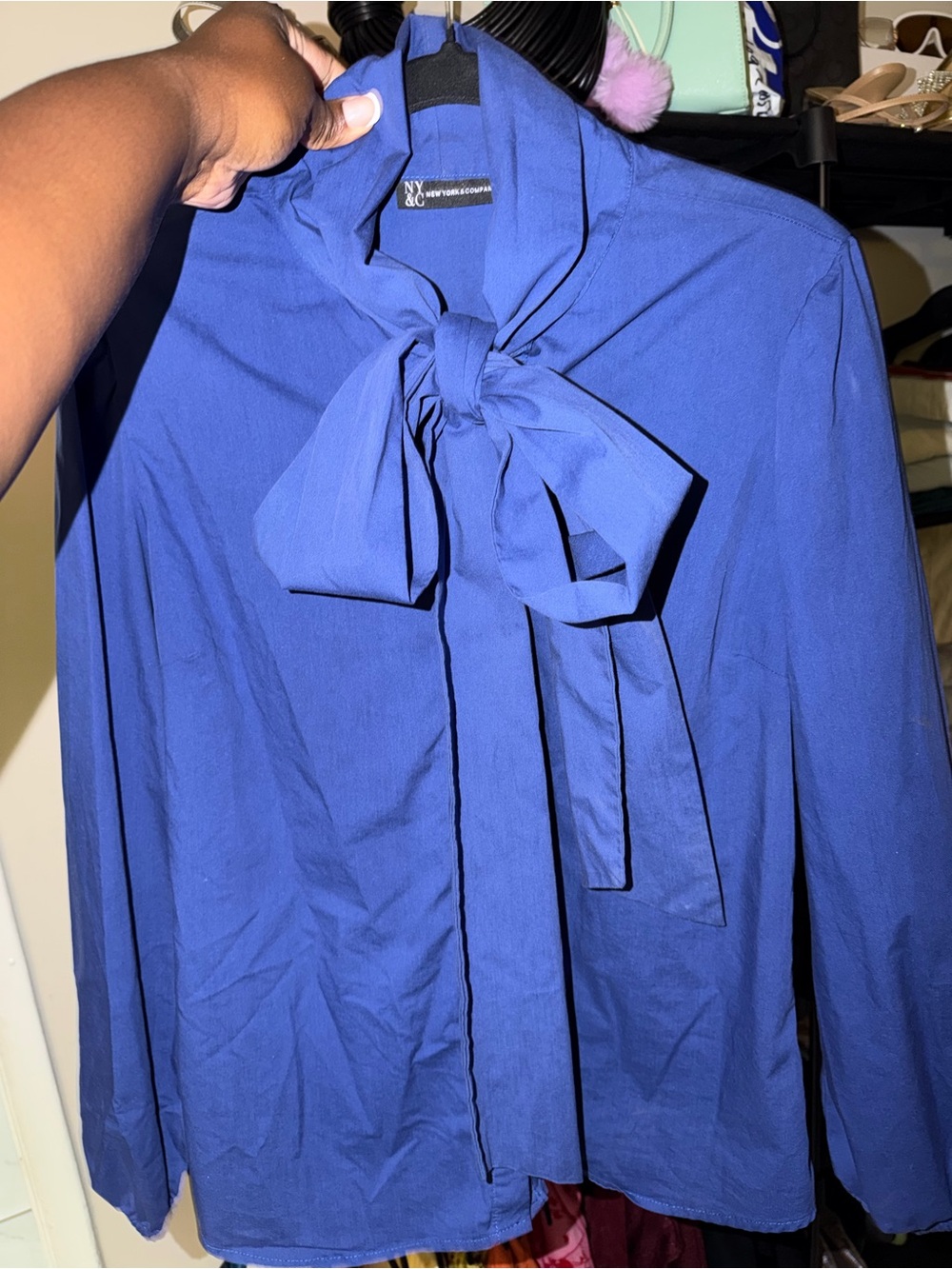 New York & Company Royal Blue Bow-Neck Blouse